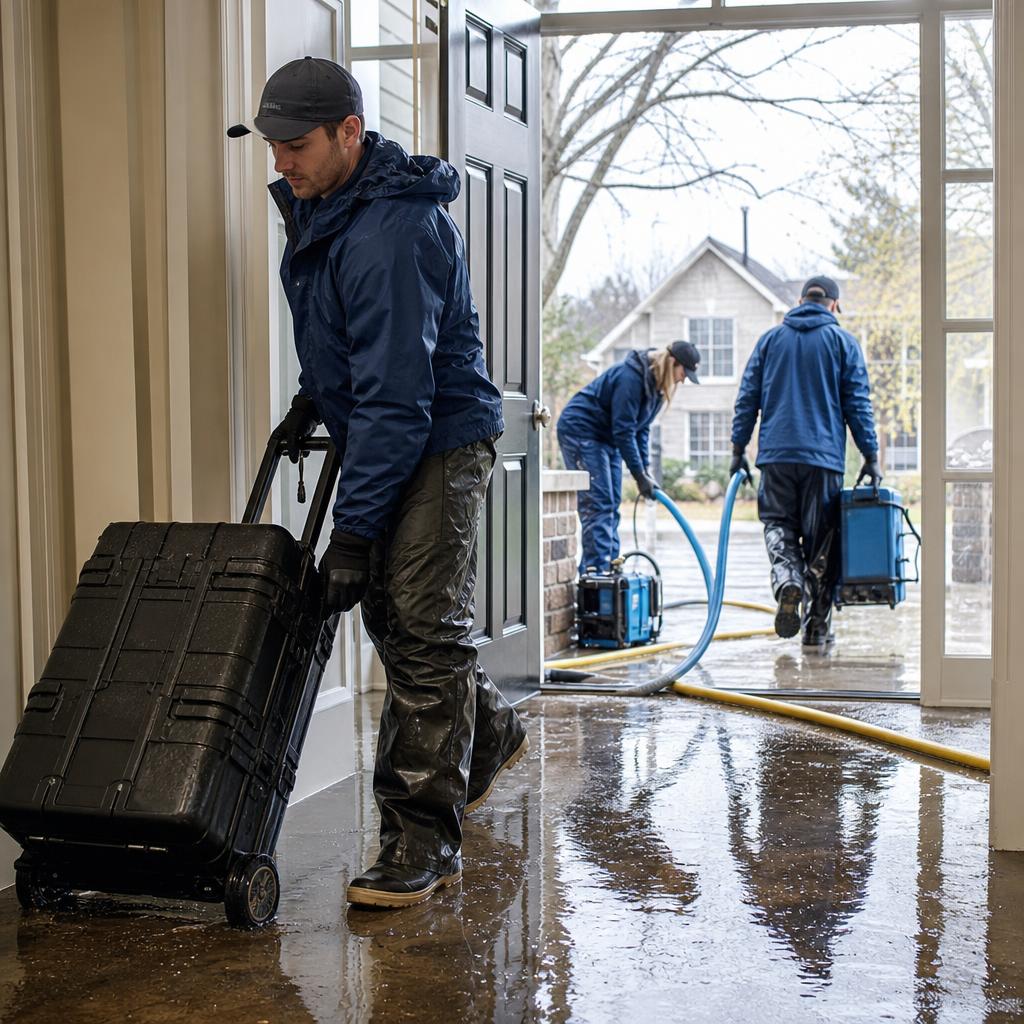 Restoration crew moving equipment through a flooded entryway