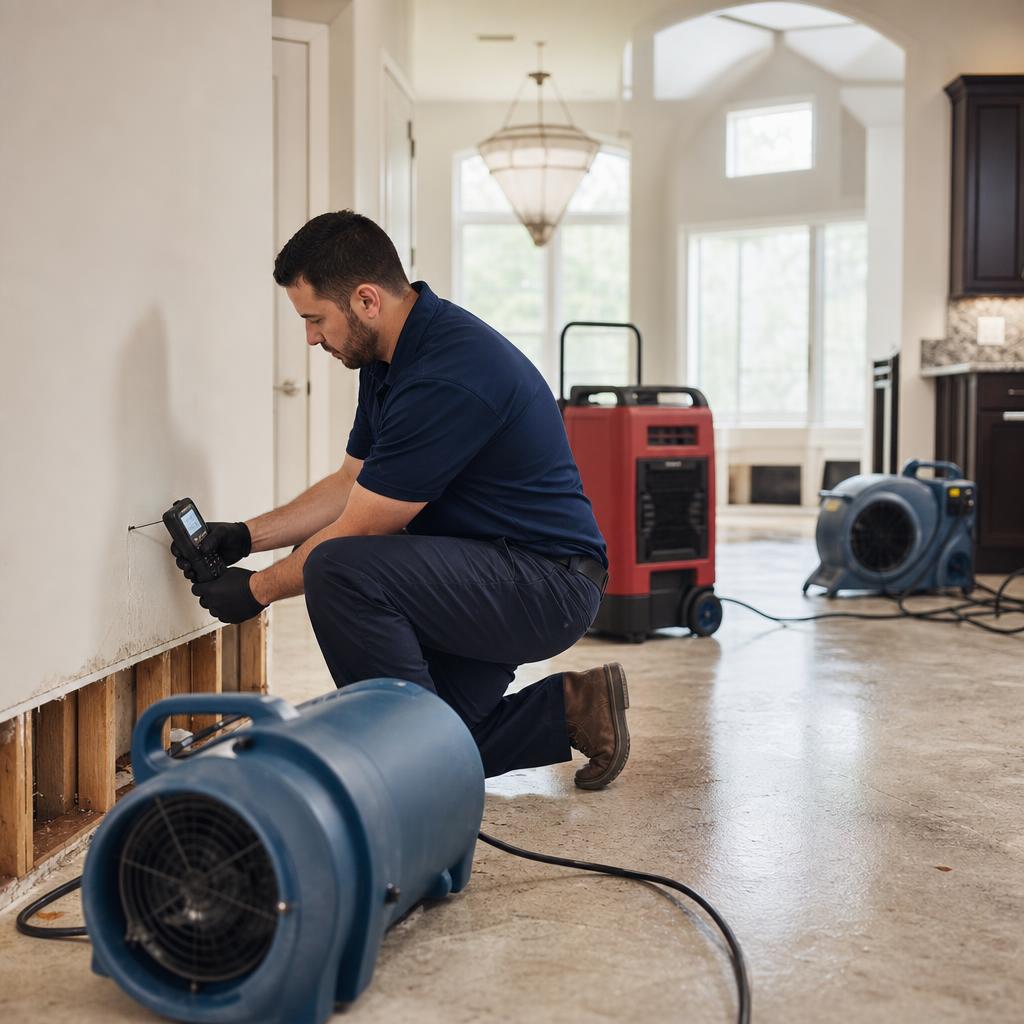 Restoration technician measuring moisture beside drying equipment